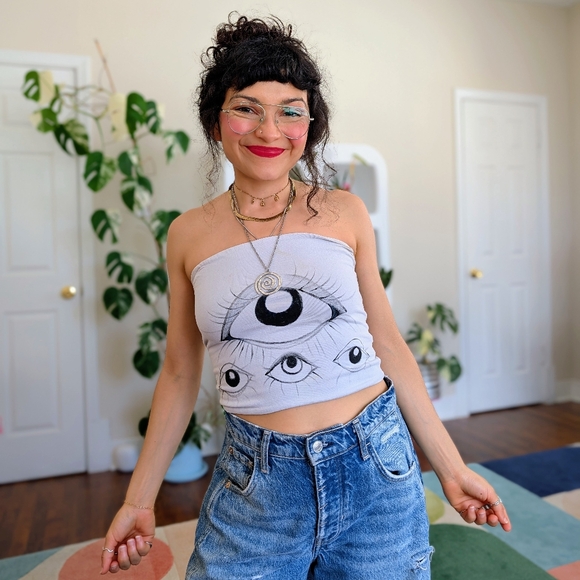 Brandy Melville Tops - Brandy Melville Gray Eye-Graphic Strapless Tube Top